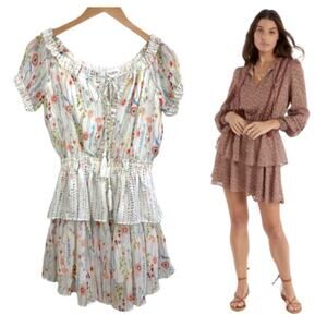 Allison New York Tiered Peasant Dress Floral Dot Short Sleeve Boho Tassel XS